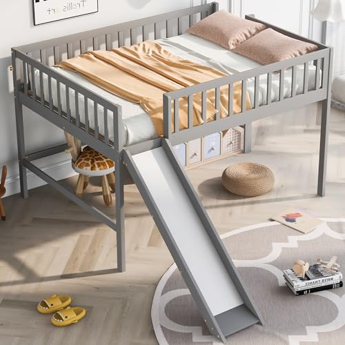 Merax Full Size Wood Low Loft Bed Frame with Slide for Kids Girls Boys,Full Length Guardrails, Gray Merax