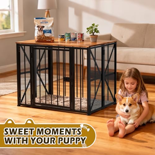 Dog Crate Furniture Foldable with Dog Bed Mat, 27" No Assembly Decorative Dog Kennel Indoor, Heavy Duty Small Collapsible Dog Crates for Small Dogs (Under 25 lb), Wooden Dog Cage TNELTUEB