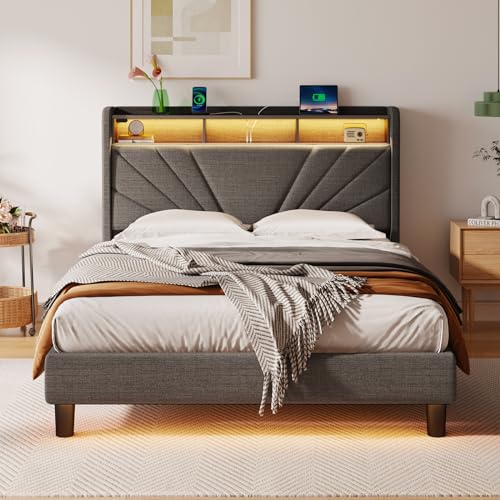 Rolanstar Twin Size Bed Frame, Storage Headboard with Charging Station and LED Lights, Upholstered Bed with Heavy Duty Wood Slats, No Box Spring Needed, Noise Free, Easy Assembly, Dark Grey Rolanstar