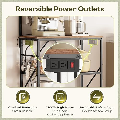Huuger 4-Tier Bakers Rack with Reversible Power Outlet, 23.6 Inch Microwave Stand, Kitchen Coffee Bar, with Top Shelf, 6 S Hooks, Rustic Brown Huuger