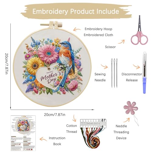 DIYDeligths Embroidery Kit for Beginners and Adults Mother's Day DIY Hand Cross Stitch Needlepoint Set with 7.87in/20cm Round Hoop (Bird)