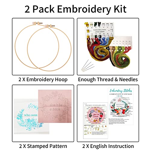Nuberlic 2 Sets Funny Embroidery Kit with Stamped Floral Pattern for Beginners Adults Simple Cross Stitch Kits Include Needlepoint Cloth Hoops Needles Threads