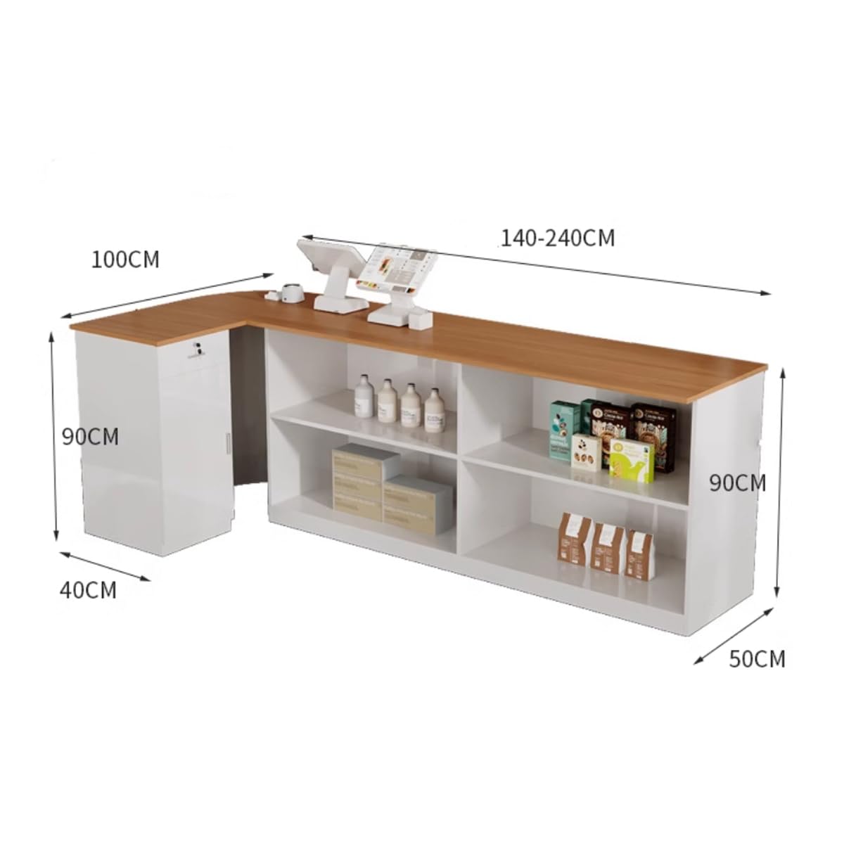 LITFAD L-Shape Reception Desk with Locker, Filing Cabinet, Manufactured Wood Checkout Counter Modern Counter for Office, Lobby, Beauty Salon, Store, White-Black - 71" L x 19.5" W x 35.5" H LITFAD