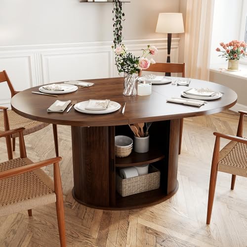 VICBARLEY Oval Extendable Dining Table with Storage,59" Storage Kitchen Table for 4-8 People with Curved Sliding Door Fluted Wood Coffee Table Thickened Tabletop for Dining Room/Kitchen,Brown VICBARLEY