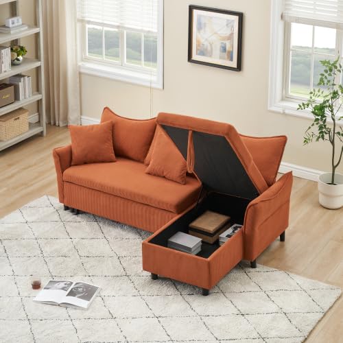 80'' Convertible Sectional Sofa Couch, 3 Seat L Shaped Sleeper Sofa Bed with Pillows and Storage Chaise, Pull Out Couch Bed Modern Corduroy Small Couches Futon for Living Room Apartment (Orange) anwickjeff