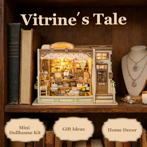 fifijoy DIY Miniature Dollhouse Kit - Jewelry Shop DIY Miniature House Kit for Adults and Teens, 3D Wooden Puzzle Tiny House Model with LED Light, Unique Gift for Family, Friends (Vitrine’s Tale)