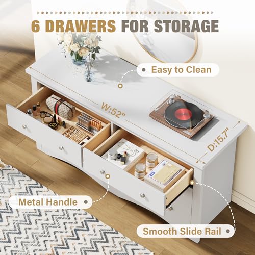 YESHOMY Dresser for Bedroom with 6 Drawers, Modern Chest of Drawers, Wooden Dressers, TV Stand for Living Room,Closet, Hallway (White)
