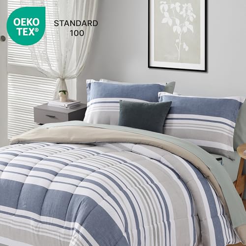 Monbix Full Size Comforter Set - 7 Pieces Bed in a Bag Full, Ocean Blue-Stripe Bedding Sets, All Seasons Comforter Bed Set with Sheets, Pillowcases & Shams Monbix