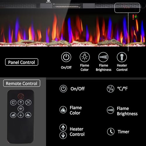HOMCOM 50" Electric Fireplace Recessed and Wall Mounted with Remote Control, 1500W Fireplace Heater with 8H Timer, Adjustable Flame Color and Brightness, Log and Crystal HOMCOM