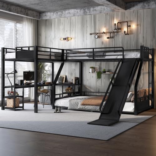 Metal Triple Bunk Beds with Slide, Desk and Storage Shelves, L-Shaped Twin XL Over Queen Bunk Bed with 2 Ladders and Guardrails for Kids Teens, Noise-Free Design (Black, Twin XL/Queen) CITYLIGHT