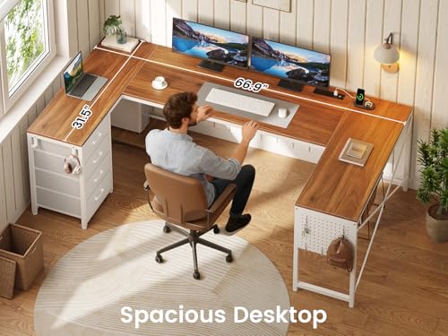 YIDUNLIFE L Shaped Desk, 67" Reversible Computer Desk with 4 Fabric Drawers and Power Outlet, Corner U Shaped Desks with Shelf and Pegboard for Home Office, Brown+White YIDUNLIFE