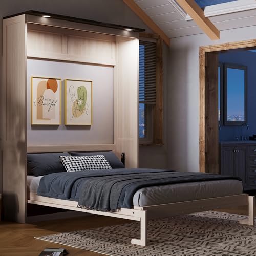 SOFTSEA Queen Size Murphy Bed with LED Lights, Space-Saving Foldable Wall Bed Cabinet for Bedroom, Home Office & Guest Room, Beige SOFTSEA