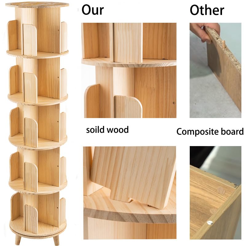ZBPRESS 5-Tier Rotating Wood Bookshelf with Legs - 360° Space-Saving Storage Solution ZBPRESS