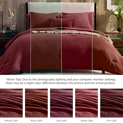Geniospin Queen Comforter Set - 7 Pieces Comforter Queen Size, Solid Bedding Set for All Season, Dark Red Textured Bed in a Bag with Sheets Geniospin