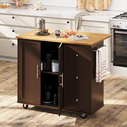 Shintenchi Rolling Kitchen Island Cart with Folding Drop Leaf Breakfast Bar, Portable Trolley Island with Large Storage Cabinet, Shelf and Drawer, Brown Shintenchi