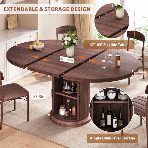 Jocoevol 47β³β63β³ Extendable Round Dining Table for 4β8 with Dust-Proof 2-Tier Storage Shelf Space Saving Expandable Wood Oval Circle Dinner Furniture with Pedestal Base (Black) Jocoevol