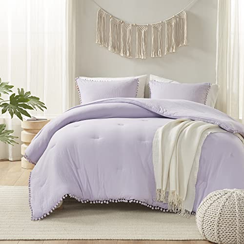 Codi Lavender Purple Full/Queen Comforter Set - Boho Aesthetic Bedding with Luxurious Pom Fringe, Soft Washed Microfiber 3pc Set, Couple-Friendly Lightweight Design, 1 Comforter & 2 Pillow Shams Codi