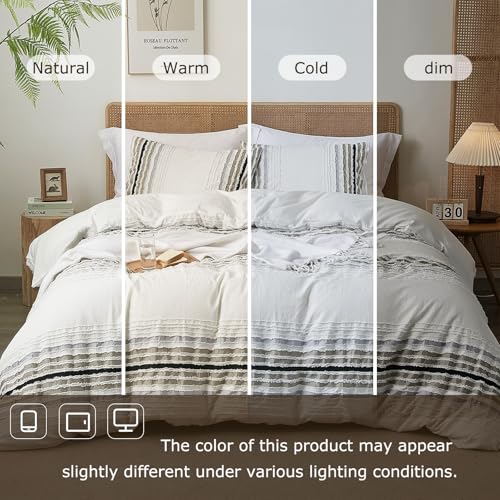 Ranunculus Tufted Stripes Ombre Queen Duvet Cover Set, Soft Brushed Microfiber Striped Duvet Cover Queen Size with Button Closure & 2 Pillow Shams, Comforter Not Included (White Ombre, 90"x90") Ranunculus