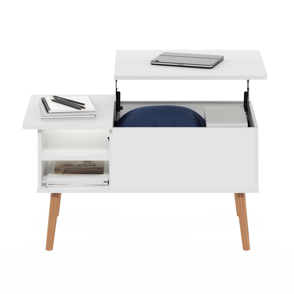 Furinno Jensen Wooden Leg Lift Top Coffee Table with Hidden Compartment and Side Open Storage Shelf for Living Room, Solid White Furinno