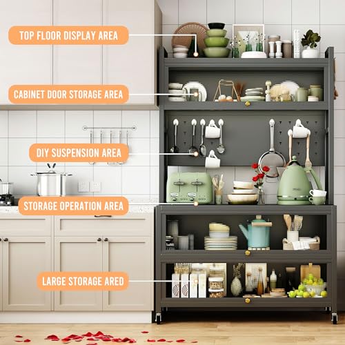SunSettler 63.98" Tall Metal Kitchen Pantry Storage Cabinet, Large Capacity Hutch Cabinet with Acrylic Doors and Microwave Stand, Bakers Racks with Storage for Kitchens, Pantry (Grey, 80cm) SunSettler