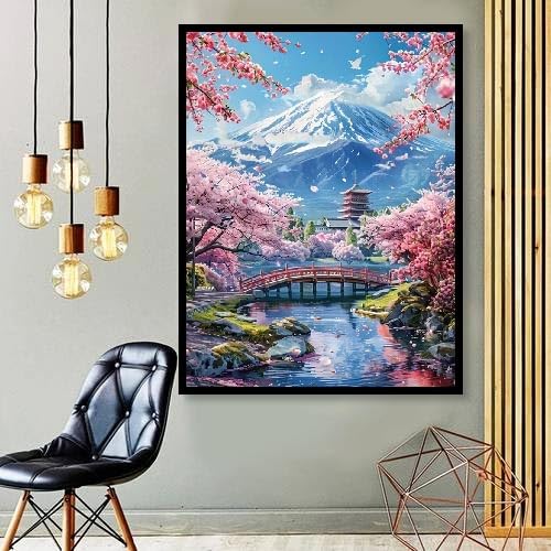 MOMDEDP 5D Mount Fuji Diamond Painting Kits for Adult, Mountain Sakura Diamond Art Kits for Beginners, DIY Full Drill Floral Diamond Dot Gem Art Kits for Home Decor 12 x 16 Inch Cherry MOMDEDP