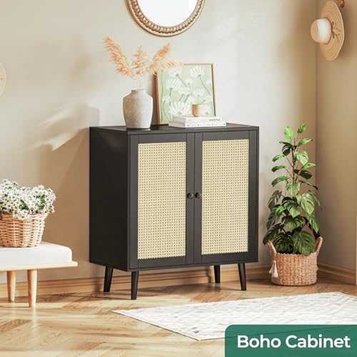 Huuger Buffet Cabinet with Storage, Storage Cabinet with Synthetic Rattan Decor Doors, Accent Cabinet with Solid Wood Feet, Sideboard Cabinet for Hallway, Entry, Living Room, Black Huuger