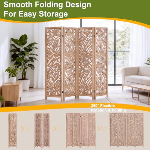 Leaf-Carved Room Divider Folding Privacy Screen, 67 Inch Tall Wooden Carved Room Divider, Portable Divider for Room Separation, Boho Room Partitions for Home Office (Natural) ZFFURN