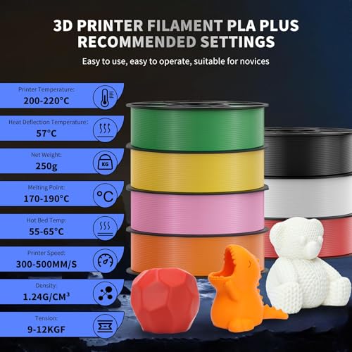 UJOYBIO 8 Color Bundle Elite PLA+ 3D Printer Filament, Multicolor PLA+ 1.75mm, Individually Vacuum Packed, 0.25kg Spool, 8 Pack (Black+Cream White+Grey+Orange Yellow+Red+Dark Blue+Green+Iris Purple)