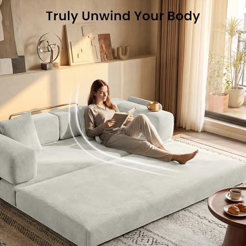 CUBENTE 78.8" Convertible Sofa Bed,Corduroy Futon Couch with Storage Pocket,Folding Pull Out Futon Sofa,No Assembly Boneless Couch for Living Room, White CUBENTE