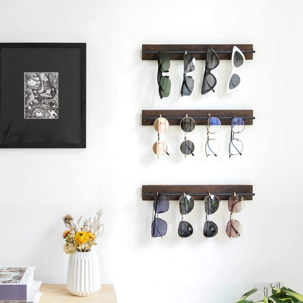 TANG SONG 3 PCS Rustic Wall Mounted Wood Sunglasses Storage Organizer Eyeglasses Holder Eyewear Display Rack for Office Desk Home Decor Gifts (Dark Brown) TANG SONG
