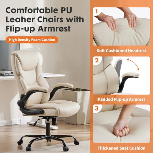 DUMOS PU Leather Office Chair - Ergonomic Executive Computer Desk Chairs with Adjustable Flip-up Armrest, Swivel Task Chair with Lumbar Support, Strong Metal Base, Cream White DUMOS