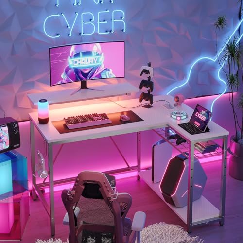 Bestier White Computer Desk with Charging Port & LED Strip,42 inch Modern Gaming Desk with Reversible Storage Shelves,Small L Shaped Desk with Hooks for Home Office Bestier