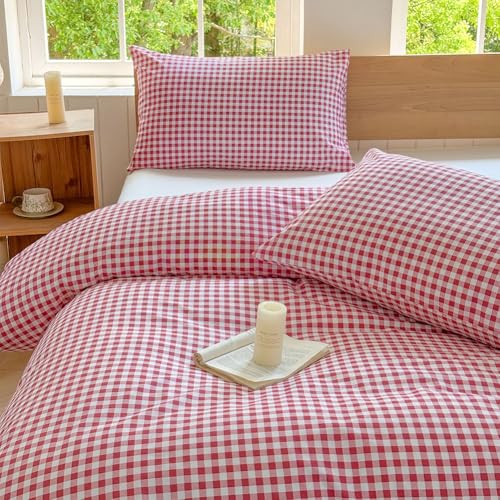 NSNLGSGC Red Gingham Grid Duvet Cover Set Twin, 100% Washed Cotton Plaid Comforter Cover Set,Ultra-Soft & Lightweight Cottage Bedding Set(2PCS, Twin) NSNLGSGC