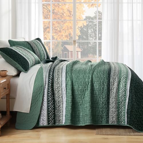 Menghomeus Quilt Queen Size, Green Patchwork Striped Quilt Set 3 Pieces, Soft Lightweight Bedspread Coverlet Bedding Set for All Season 96"x90" Menghomeus