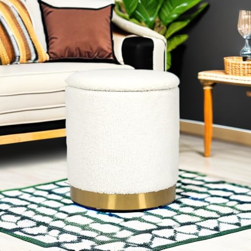 Joveco Round Storage Ottoman with Removable Lid, Boucle Small Upholstered Padded Vanity Foot Rest Stool for Living Room, Bedroom, Dorm, White Joveco