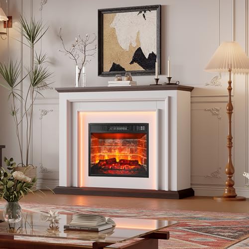44 Inches LED Lights Electric Fireplace with Mantel, Tall Fireplace Heater Freestanding, Delicate Three-Dimensional molding with Remote Control Timer LED Flame for Living Room, Bedroom, White&Brown BOSHIRO