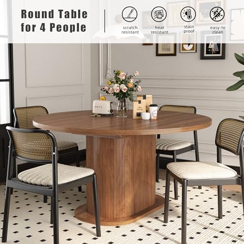 PatioPerk 39.37"-55.12" Round Extendable Dining Table, Oval Kitchen Table with Fluted Metal Slide Door, Space-Saving Expandable Dining Table for Small Apartment & Family Use, Walnut PatioPerk