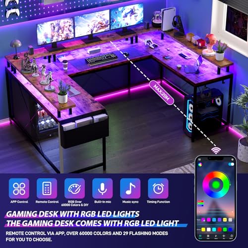 FinerFurnis u Shaped Desk with Power Outlets & LED Lights, 79" Extra Large Reversible Corner Office Desk, Monitor Stand & Storage Shelves, Corner Computer Table Office Table with Full Monitor Stand FinerFurnis