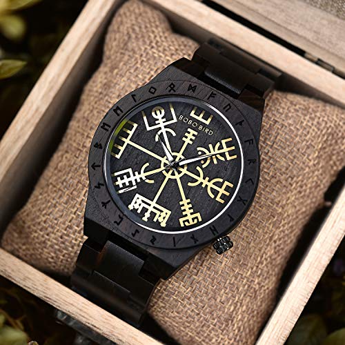 BOBO BIRD Handmade Wooden Mens Watch Unique Runic Circle Watches Golden Symbol of Vegvisir Watches Lightweight Fashion Quartz Wristwatch (Brown Black) BOBO BIRD