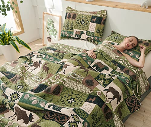 Quilts Set King Size Rustic Quilt Bedspread Coverlet King Quilt Bedding Country Lodge Patchwork Quilt Home Lightweight Reversible Bedspread Rustic Bear Bedding Cabin Moose Forest Animal Coverlet Olive ARL HOME