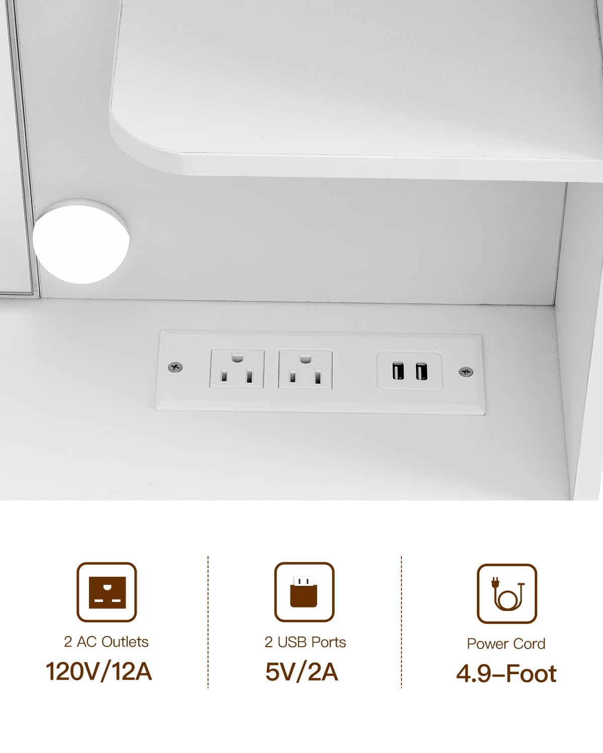 Quimoo Large Vanity Desk with LED Lighted Mirror & Power Outlet,Makeup Vanity Table with 7 Drawers,4 Shelves and 5 Hooks,Vanity Table, Vanity Desk Set for Bedroom,Bathroom,White Quimoo