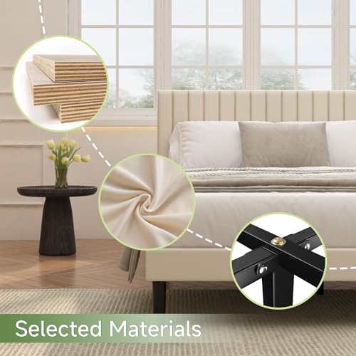 Mxhtcewz King Size Platform Bed Frame with Vertical Channel Tufted Headboard, No Box Spring Needed, Noise-Free, Easy Assembly, Beige Velvet Mxhtcewz