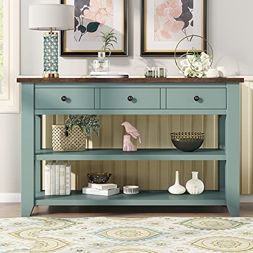 48'' Solid Wood Console Table, Modern Entryway Sofa Side Table with 3 Storage Drawers and 2 Shelves. Easy to Assemble (Green) Quarte