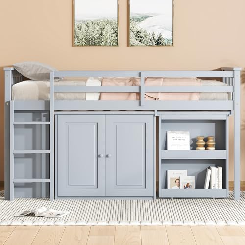 Merax Loft Bed Twin Size with Pull Out Desk, Low Loft Bed with Underneath Cabinet, 3 Side Drawers and Shelves, Wood Bed Frame with Guardrails and Ladder, Wood Slat Support, No Box Spring Need, Gray Merax