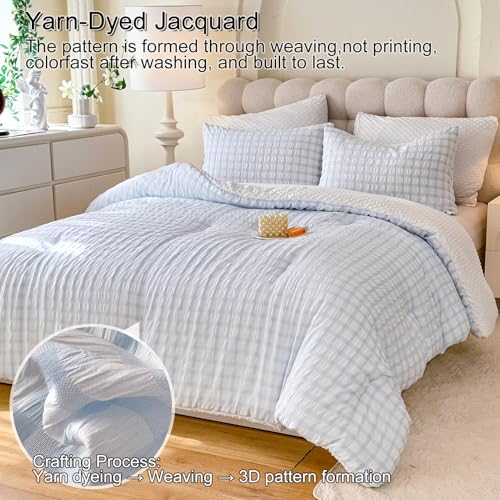 tohrisa Boho Comforter Set Full Size - 3 Pieces Lightweight Jacquard Seersucker Bedding Sets (1 Soft Fluffy Grid Comforter & & 2 Pillowcases) - All Seasons Cozy Modern Bed Set(80"x90" Light Blue) tohrisa