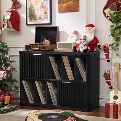 LEYAOYAO Large Record Player Stand with Vinyl Storage Up to 450 Albums, Wood Fluted Boho Record Storage Accent Cabinet, Modern Stereo Media Cabinets, Wide Turntable Stand for Living Room, Black Oak