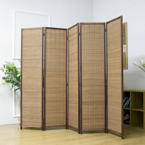 Pawlabay 5 Panel Bamboo Room Divider Screen,5.6 FT Tall Bamboo Divider Folding Privacy Screen,Freestanding Panel Divider for Room Seperation,Brown PawlaBay
