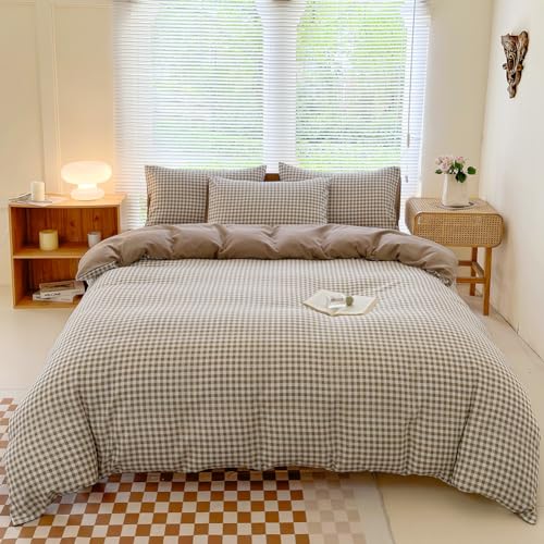 NSNLGSGC King Gingham Grid Duvet Cover Set Tan- Washed Microfiber Plaid Comforter Cover Set Brown Soft & Lightweight Breathable Clean Bedding Set(3PCS, King) NSNLGSGC