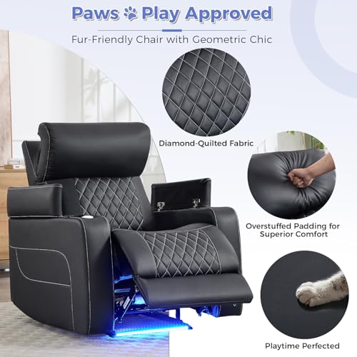 ANJ Power Recliner Chair with Adjustable Headrest, LED Lights & Detachable Tray Table, Faux Leather Electric Home Theater Seating with Cup Holders, USB,Hidden Arm Storage,GRS Certified,Black