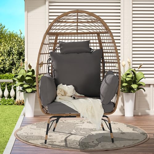 Oversized Patio Egg Chair, Wicker Rattan Egg Chair for Adult, Indoor Outdoor Patio Large Wicker Basket with Water-Resistant Cushion, Outdoor Lounge 360Lbs Capacity - Dark Gray cattino